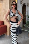 Çizgili Bikini Üst Ve Etek Triko Takım 10110