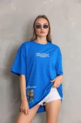 Unisex Bisiklet Yaka Baskılı Oversize T-Shirt - Mavi