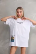 Unisex Bisiklet Yaka Baskılı Oversize T-Shirt - Beyaz