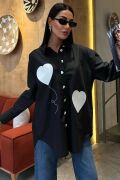 Kalp Nakışlı Ve Düğme Detaylı Oversize Gömlek 3430