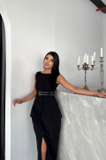 CEKET-ETEK GÖRÜNÜMLÜ ELBİSEÇİFT KEMER DETAYLI - Siyah