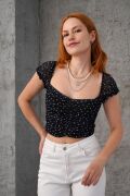 Puantiyeli Belden Oturtmalı Tül Siyah Bluz