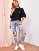 Bisiklet Yaka Baskılı Oversize T-Shirt - Siyah