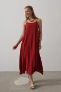 Askılı Uzun Çan Elbise - Bordo