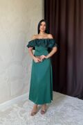 Zümrüt Omuz Büzgülü Saten Elbise