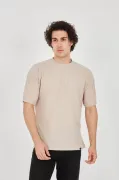 Unisex Waffle Kumaş Rahat Kol T-Shirt - Bej