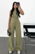 Keten Asimetrik Tek Omuzlu Bluz Pantalon Takım- Su Yeşili