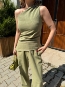 Keten Asimetrik Tek Omuzlu Bluz Pantalon Takım- Su Yeşili