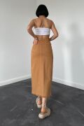 Camel Gabardin Boyamalı Püsküllü Etek