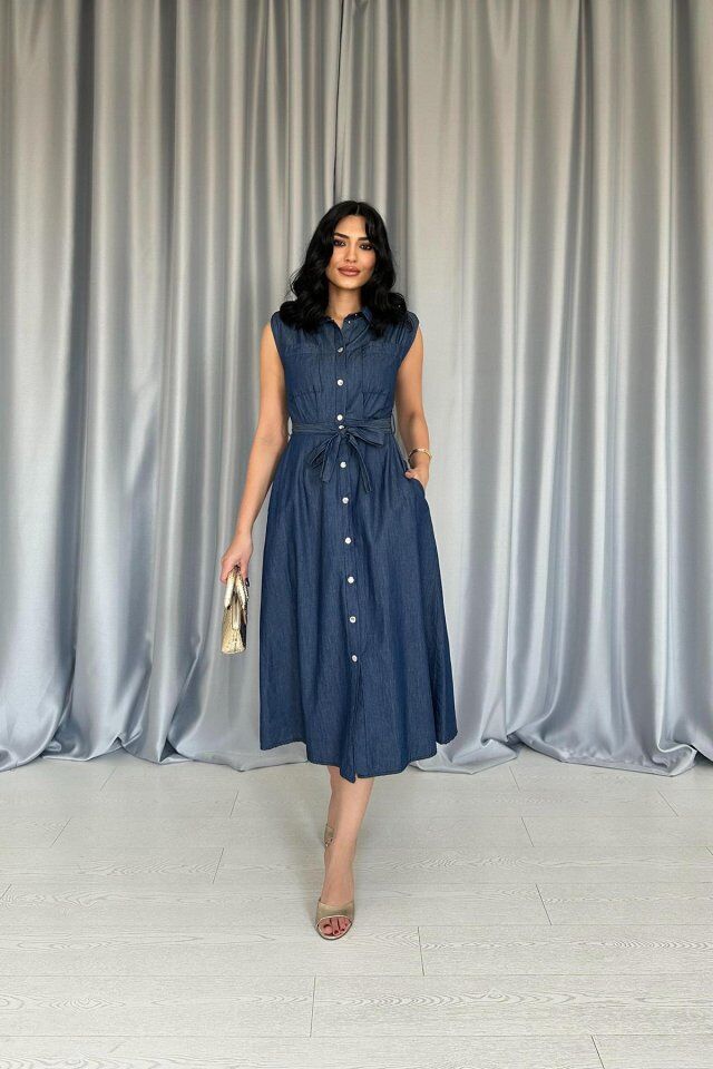 Mavi Tencel Çıtçıtlı Elbise