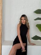 Kadın Halter Yaka Derin Yırtmaç Detaylı Tam Boy Ithal Krep Abiye Elbise