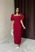 Bordo İşlemeli Kolu Garnili Elbise