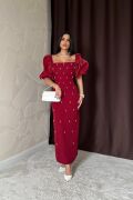 Bordo İşlemeli Kolu Garnili Elbise