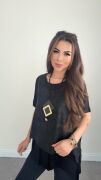 Kadın Kısa Kollu Bisiklet Yaka Yelek Bluz Asimetrik Kesim İkili Takım
