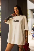 Unisex Bisiklet Yaka Baskılı Oversize T-Shirt - Beyaz