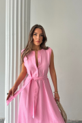 KETEN ELBİSE KOLSUZ BEL BAĞLAMALI MAXİ ELBİSE - Pembe