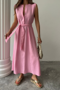 KETEN ELBİSE KOLSUZ BEL BAĞLAMALI MAXİ ELBİSE - Pembe