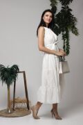 Ekru Halter Yakalı Kuşaklı Elbise