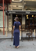 Osy Modal Yumuşak Dokulu Kumaş Bisiklet Yaka Kısa Kollu Kuşaklı Uzun Elbise - Mavi