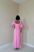 Pembe İşlemeli Kolu Garnili Elbise