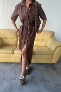 TENCEL ÖNDEN DÜĞMELİ KISA KOL ELBİSE - Kahverengi