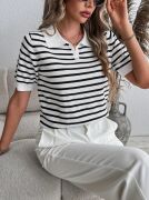 Kadın Kısa Kol Polo Yaka çizgi Desen Triko Bluz