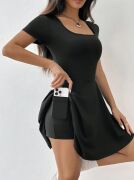 Kadın Kısa Kollu Kare Yaka Short Detaylı Cepli Dalgıç Elbise