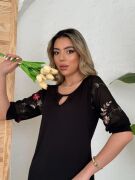 Kadın Fakir Kol çiçek Desenli Tül Kol Bisiklet Yaka çiçek Desen Sandy Salaş Kısa Elbise