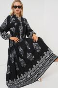 2423 Otantik Desenli Tesettür Elbise - Siyah 11
