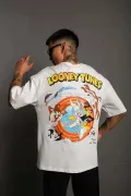 Unisex Bisiklet Yaka Baskılı Oversize T-Shirt - Beyaz