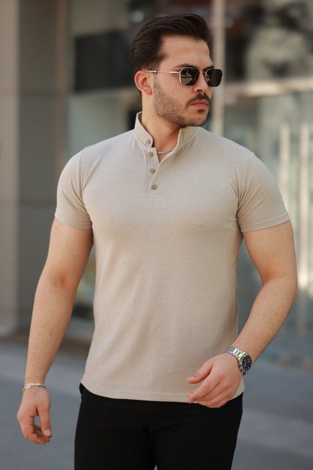 Erkek Hakim Yaka Dokuma Pamuklu Kumaş Kısa Kollu T-shirt