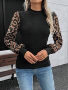 Kadın Uzun Kollu Yarı Balıkçı Yaka Leopar Detaylı Kaşkorse Bluz