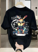 Baskılı Oversize Bisiklet Yaka T-shirt - Siyah