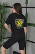 Unisex Bisiklet Yaka Baskılı Oversize T-Shirt - Siyah