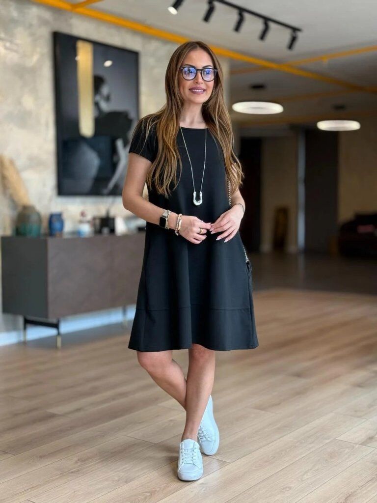Kadın Kısa Kollu Bisiklet Yaka Cepli Viskon Iki Iplik Elbise