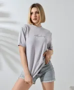 Unisex Bisiklet Yaka Baskılı Slim Fit T-Shirt - Boyalı Gri
