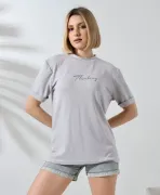 Unisex Bisiklet Yaka Baskılı Slim Fit T-Shirt - Boyalı Gri