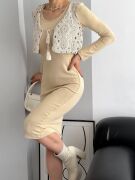 Kadın Bisiklet Yaka Midi Boy Elbise Ve Dantel Güpür Detay Yelek Fırsat ürün Ikili Takım