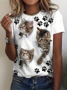 Kadın Kısa Kollu Kedi Ve Pati Baskılı Süprem T-shirt