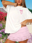Fiyonk Baskılı Oversize Bisiklet Yaka T-shirt - Beyaz