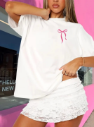 Fiyonk Baskılı Oversize Bisiklet Yaka T-shirt - Beyaz