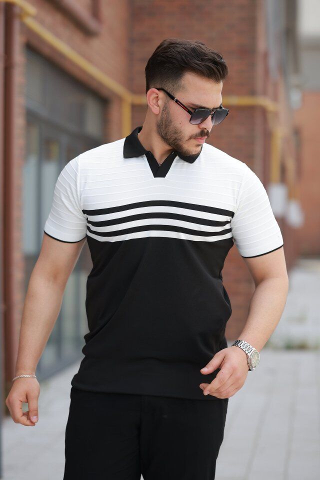 Erkek çizgi Desenli Yakalı Kısa Kollu T-shirt