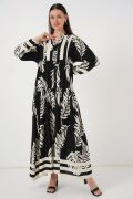 2423 Otantik Desenli Tesettür Elbise - Siyah 12