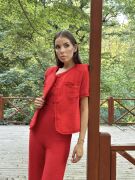 Kırmızı Askılı Büstiyer Ceket Ve Pantolon Takım