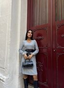 Kadın Uzun Kollu V Yaka Uzun Kol şardonlu Kaşkorse Midi Elbise