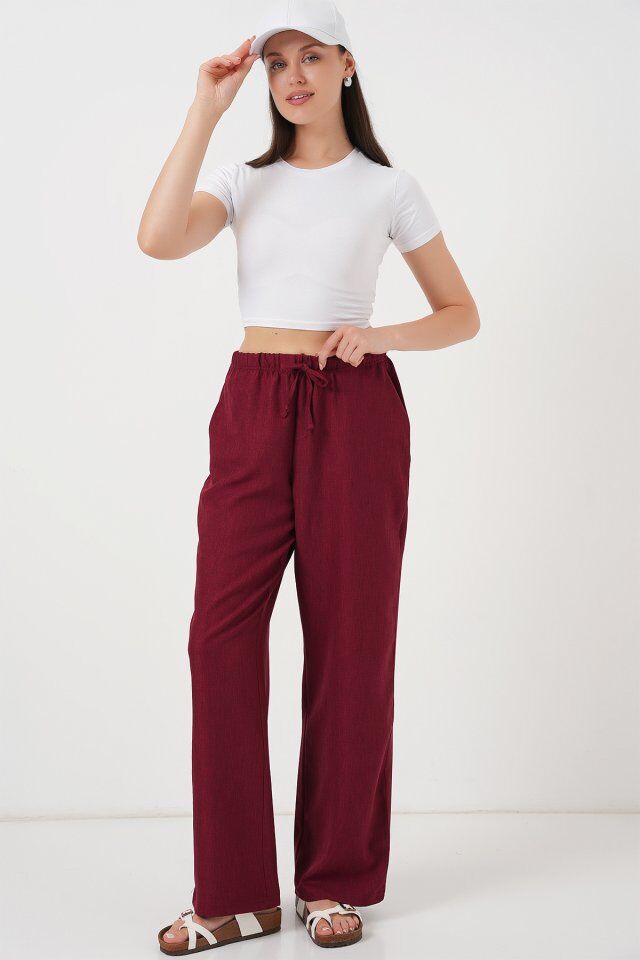 Geniş Paça Keten Pantolon 6735 - Bordo