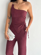 Asimetrik Crop Pantalon Ikili Takım - Gül Kurusu