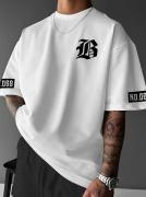 Baskılı Oversize Bisiklet Yaka T-shirt - Beyaz