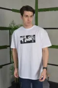 Unisex Bisiklet Yaka Baskılı Oversize T-Shirt - Beyaz