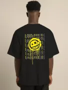 Unisex Bisiklet Yaka Baskılı Oversize T-Shirt - Siyah